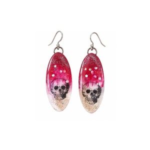 Handmade Pink Skull Resin Earrings Red Glitter Goth Spooky Halloween OOAK